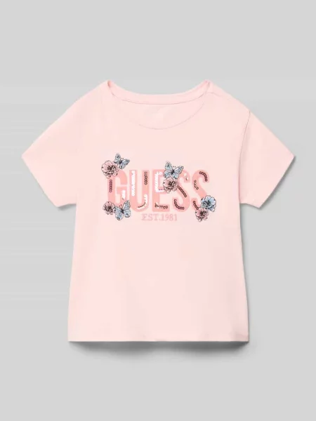 T-shirt z naszywanym logo i cekinami Guess różowa