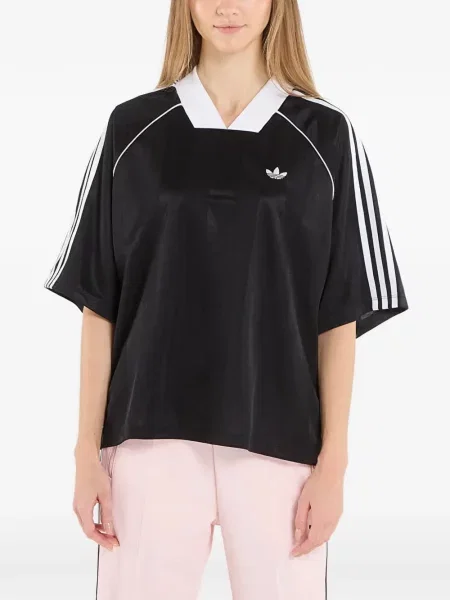 Tricou cu dungi Adidas cu dungi cu broderie din jacard negru