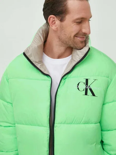 Яке с две лица Calvin Klein Jeans зимен модел с уголемена кройка бежово