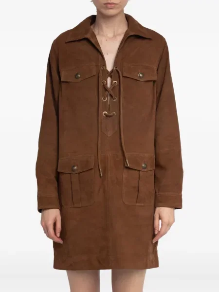 Костюм мини рокля Zadig&voltaire с връзки с дантела кафяво