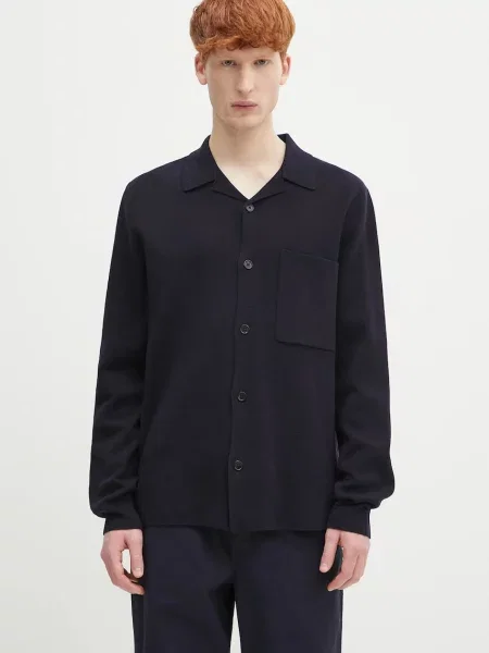 Norse Projects cardigan din lână Nicolai Merino Cotton Milano Jacket bleumarin