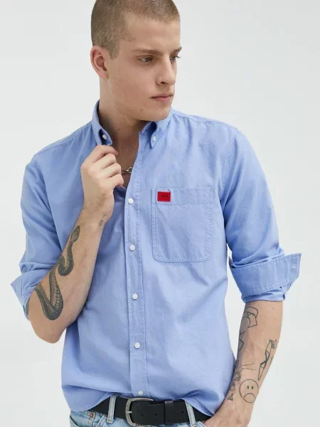 Tričko HUGO slim s límečkem button-down modré