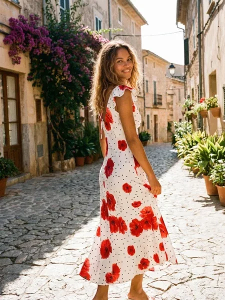 Міді сукня в горох із маковим мотивом різнобарвний