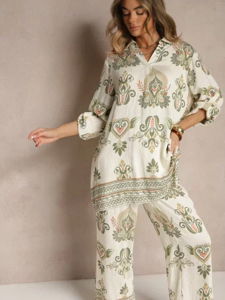Komplet z Wiskozą Szerokie Spodnie i Bluzka w Stylu Boho Rinadora zielony
