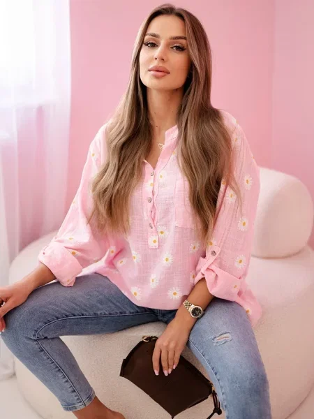 Bluză Kesi Włoski de in cu model floral cu mâneci lungi roz