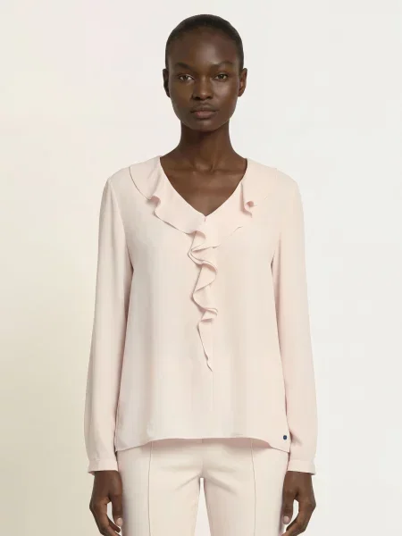 Marc Cain Satynowa Bluzka Z Falbanami beige beżowa