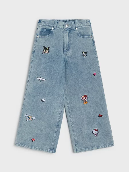Sinsay Džíny wide leg s výšivkou Hello Kitty and Friends x Powerpuff Girls modrá