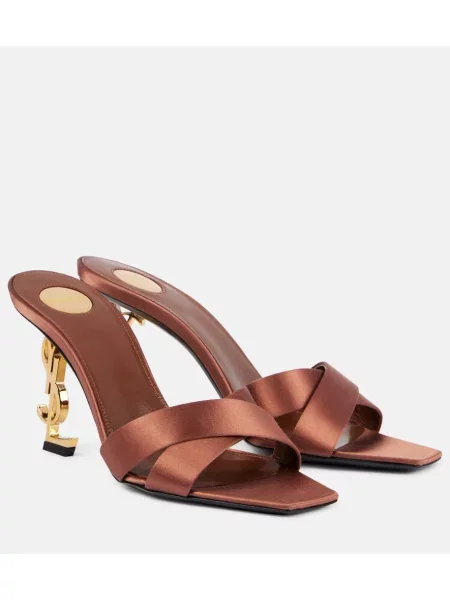 Papuci tip mules Saint Laurent din satin maro