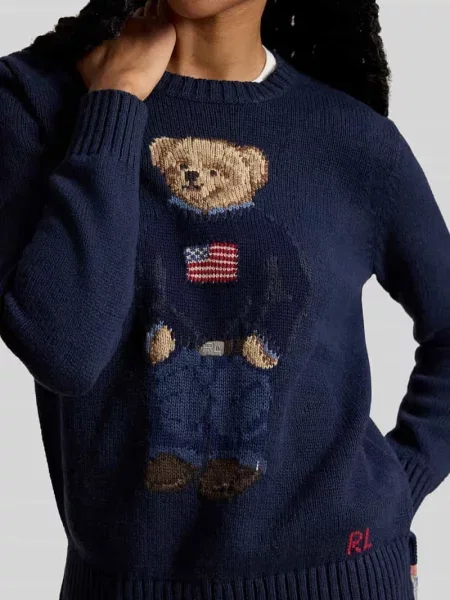 Sweter z dzianiny z motywem i okrągłym dekoltem Ralph Lauren niebieski