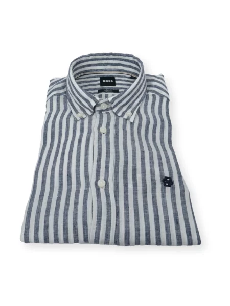 Koszula lniana o kroju regular fit z kołnierzykiem typu button down model H-LIAM-BD' Hugo niebieska