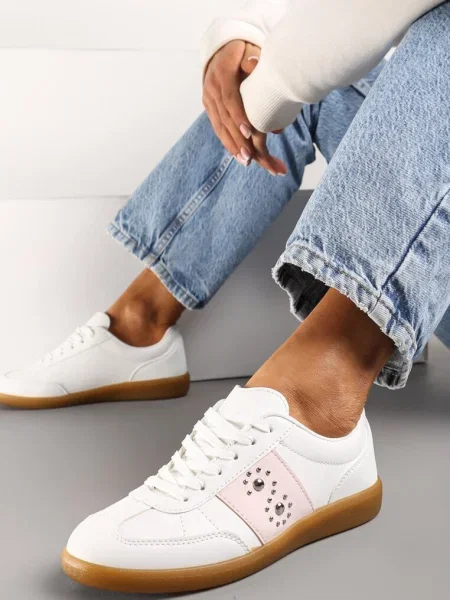 Sneakerși Albi-Roz pe Talpă Plată cu Legare și Inserție Decorativă Drukesti alb