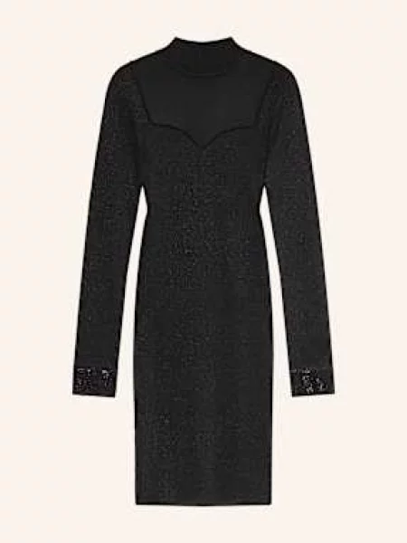 Sukienka o kroju slim fit z mieszanki z obszyciem ozdobnymi kamieniami model ‘Lucy’ Guess czarna