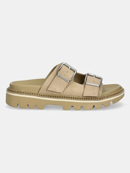 Semišové šľapky Tommy Jeans DOUBLE STRAP SANDAL SUEDE béžová