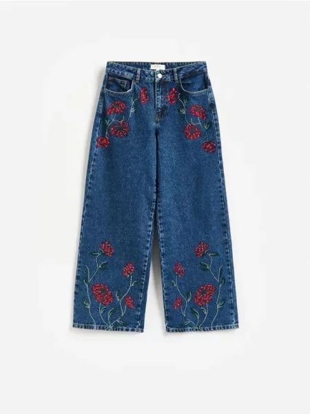 Reserved Blugi straight cu strasuri albastru