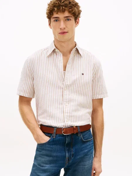 Tommy Hilfiger koszula z krótkim rękawem z lnu Mężczyźni Regular Fit S brązowy