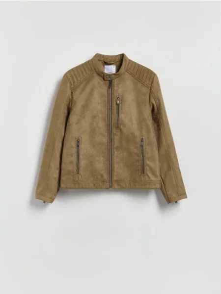 Reserved Geacă biker din imitație de piele întoarsă verde-prăfuit verde