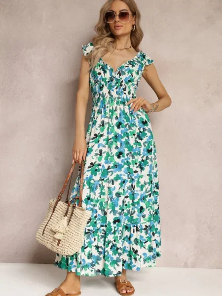 Rochie Maxi petrecută cu Flori cu în Talie din Marielys verde