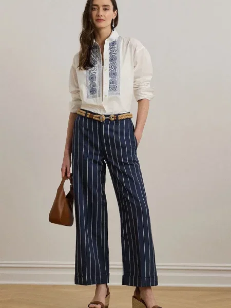 Hlače z mešanico lana Lauren Ralph Lauren mornarsko modra