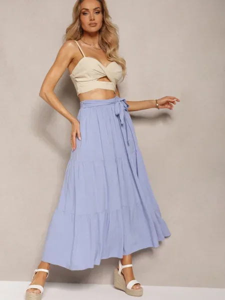 Jasnoniebieska Rozkloszowana Spódnica Maxi z z Materiałowymi Paskami Wintelis niebieska