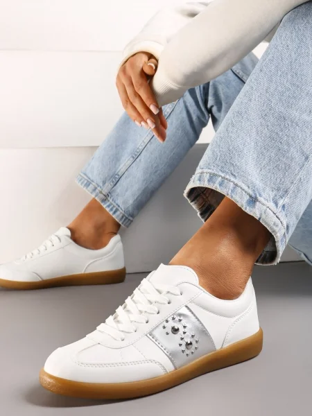 Sneakers Albi-Argintii cu Talpă Plată cu șiret și Inserție Decorativă Drukesti alb