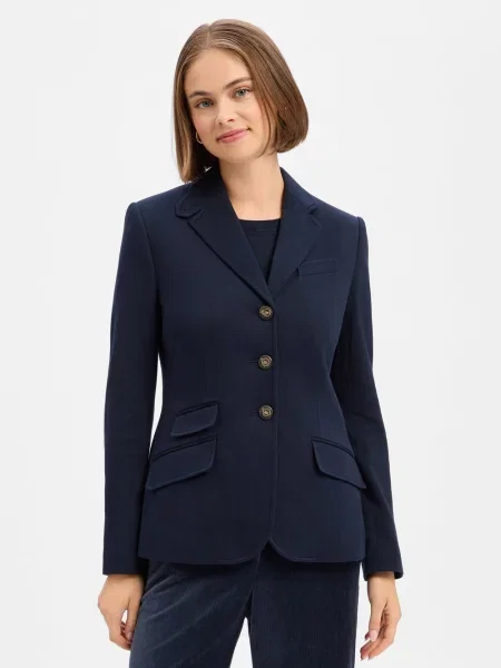 Długi krótki żakiet z kontrastowymi skórzanymi detalami Lauren Ralph Lauren niebieska