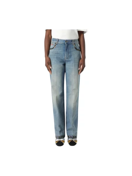 Lniane jeansy Valentino w kwiatki niebieskie