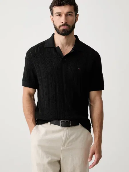 Tricou polo Tommy Hilfiger din lyocell negru