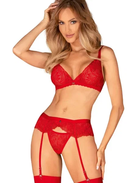 Кружевной комплект тройка: бюстгальтер для чулок и трусики стринг Комплект_Obsessive_Chilisa_set червоні