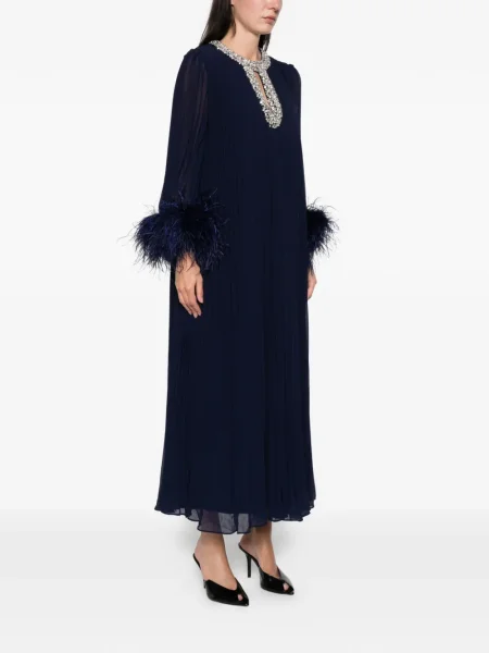Rochie maxi Self-portrait cu pene plisată de costum albastru