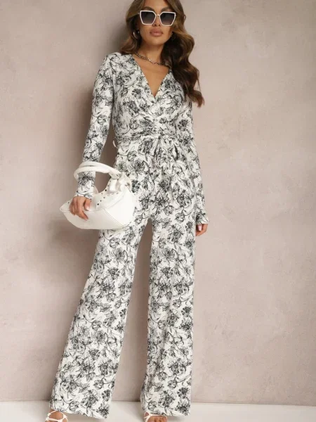 Salopeta Alb-Negru Lungă cu Decolteu Petrecere Imprimeu Floral Erenna alb