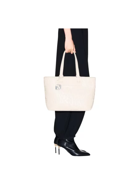 Armani Exchange torebka shopper z imitacji skóry beżowa