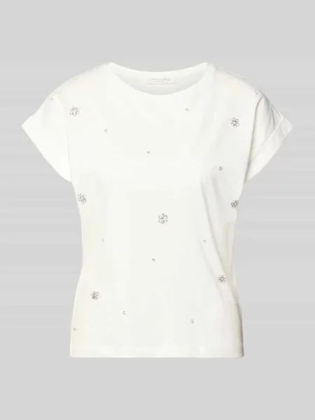 T-shirt z obszyciem ozdobnymi kamieniami i okrągłym dekoltem Christian Berg Woman biała