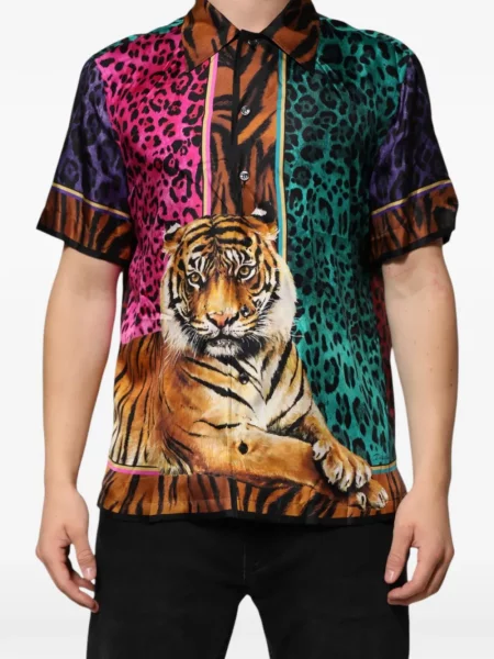 Cămașă Dolce & Gabbana de mătase cu imagine cu dungi de tigru maro