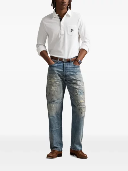 Tricou Polo Ralph Lauren din piele cu broderie în carouri maro