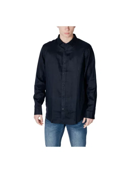 Lniana koszula Armani Exchange z długim rękawem z kołnierzem niebieska