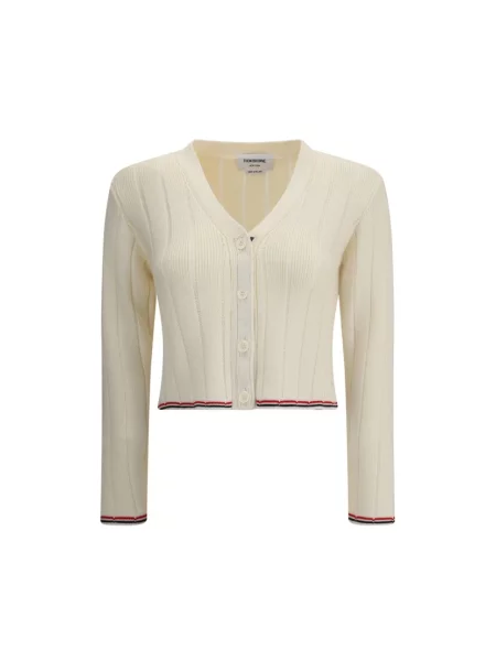 Sweter Thom Browne wełniany z dekoltem w serek beżowy