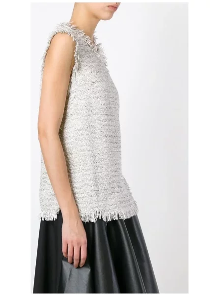 Top Lanvin cu franjuri din tweed alb