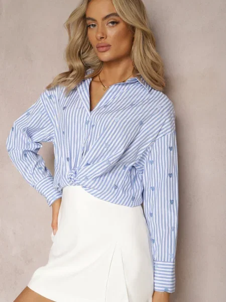 Jasnoniebieska Koszula z Bawełny w z Wyhaftowanymi Serduszkami Aleriesa niebieska