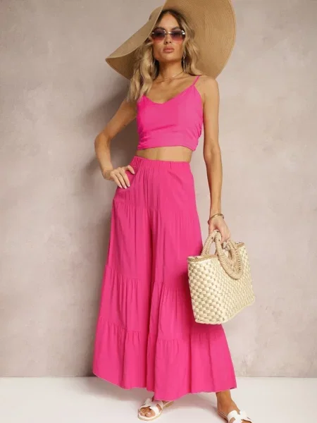 Ciemnoróżowe Spodnie z Szerokimi Nogawkami Palazzo z Falbankami i Gumką w Pasie Dimlin różowe