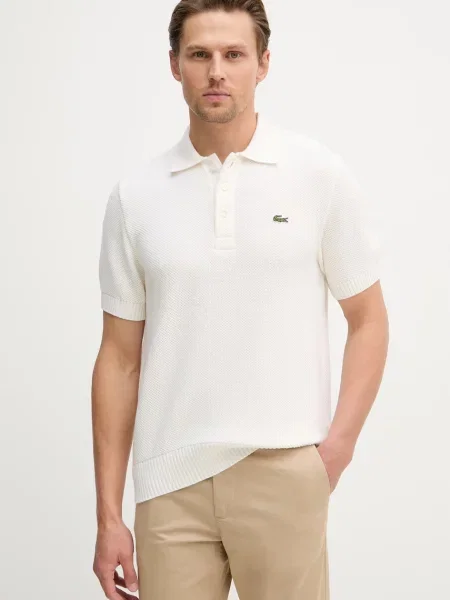 Lacoste polo swetrowe z dodatkiem wełny beżowa