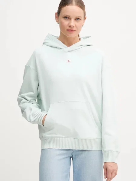 Dukserica Calvin Klein Jeans za žene s kapuljačom bez uzorka tirkizna