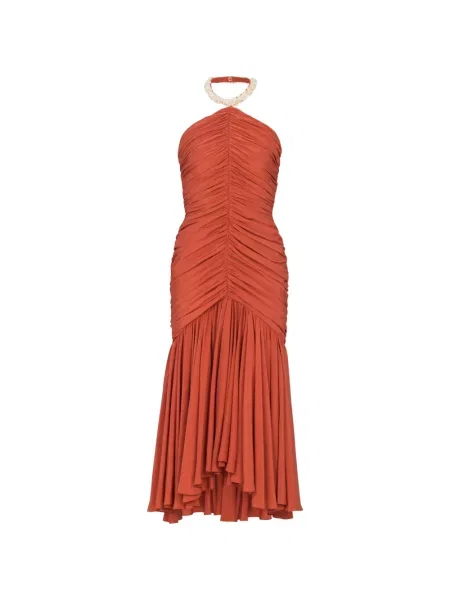 Rochie midi Balmain cu volane cu gât halter roșu