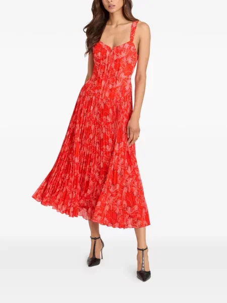Rochie midi Cinq A Sept cu model floral plisată până la genunchi roșu