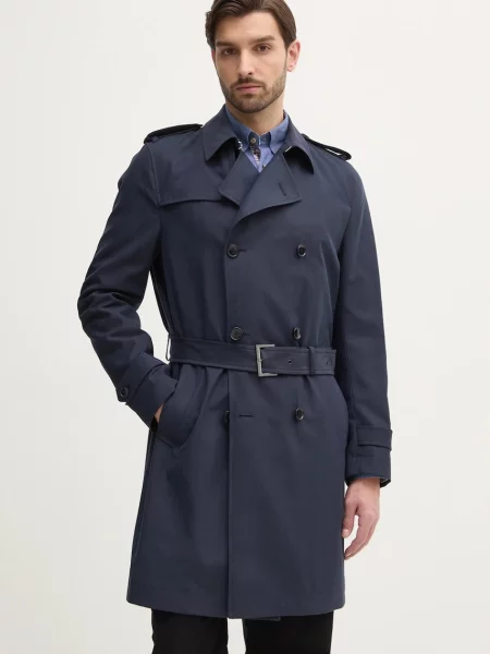 BOSS trenci bărbați bleumarin de tranziție cu doua randuri de