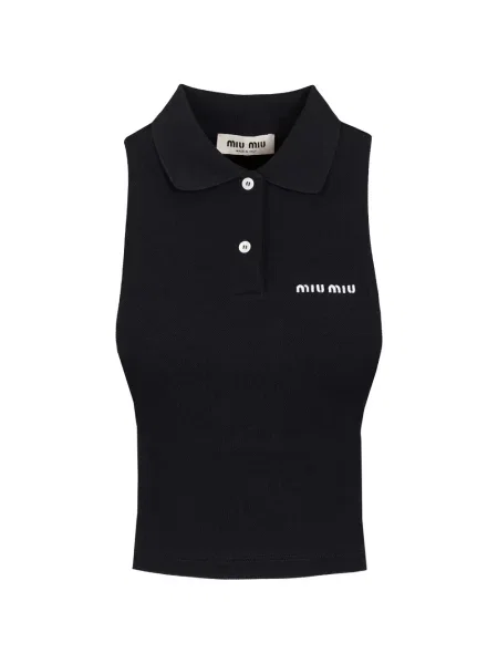 Tricou polo Miu Miu fără mâneci cu autograf albastru