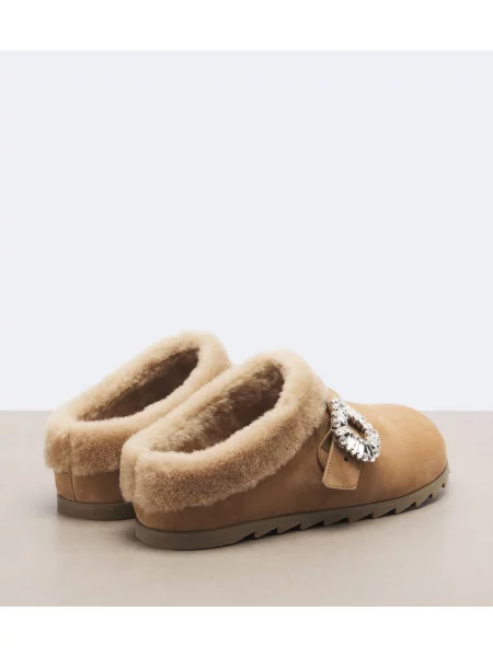 Papuci tip mules Roger Vivier din piele de căprioară bej