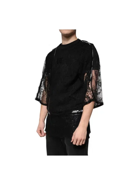 Koszulka Dolce And Gabbana z dekoltem w serek koronkowa z logo czarna