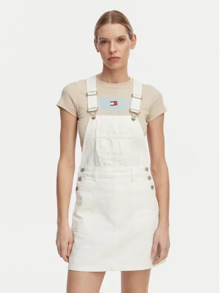 Tommy Jeans Sukienka jeansowa Logo Pocket Dungaree biały