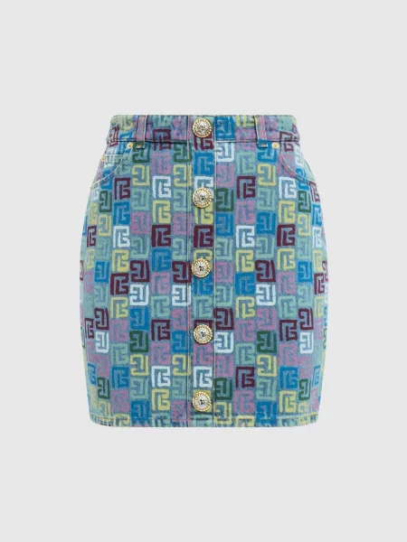 Джинсова спідниця міні з принтом монограми логотипа Balmain синя