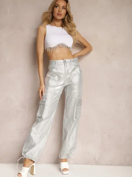 Pantaloni Metalici Stil Cargo cu Honna argintii